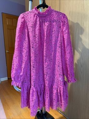 J. Crew Hot Pink Lace Long Sleeve Ruffle Dress